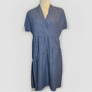 52Seven Chambray Blue Tiered V-Neck Dress Medium‎ Linen Blend Boho Cottagecore